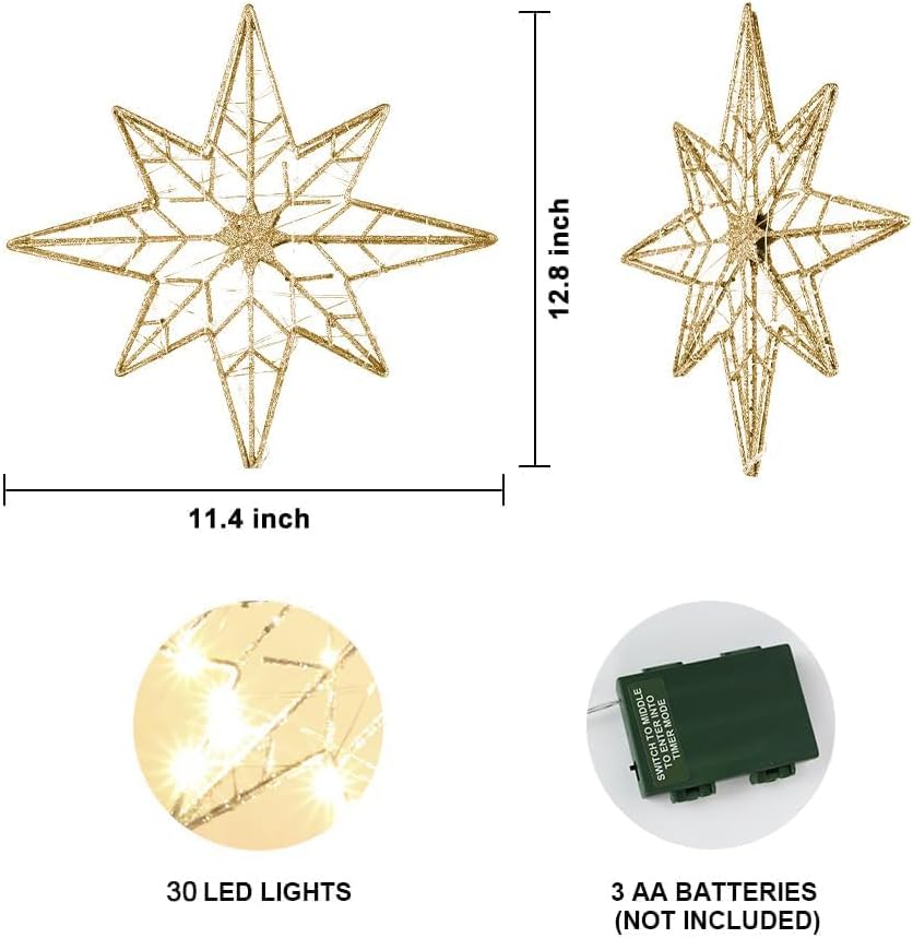 hogardeck Christmas Tree Topper, 11 Inches Lighted Gold Glittered 8-Point Star Tree Topper, 30 LED Sparkling Tree Toppers Christmas Decorations, Battery Powered Timer Xmas Treetop Star Decor