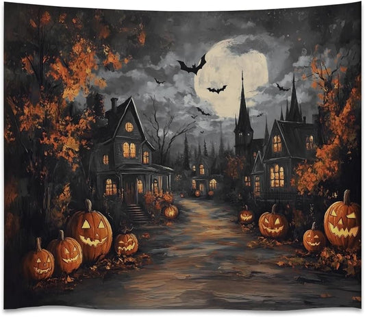 Spooky Halloween Tapestry Haunted Home Bats Pumpkin Tapestry Wall Hanging Dark Academia Fall Full Moon Decor Gothic Ghost Tapestries for bedroom Living Room Decoration 70x90inch