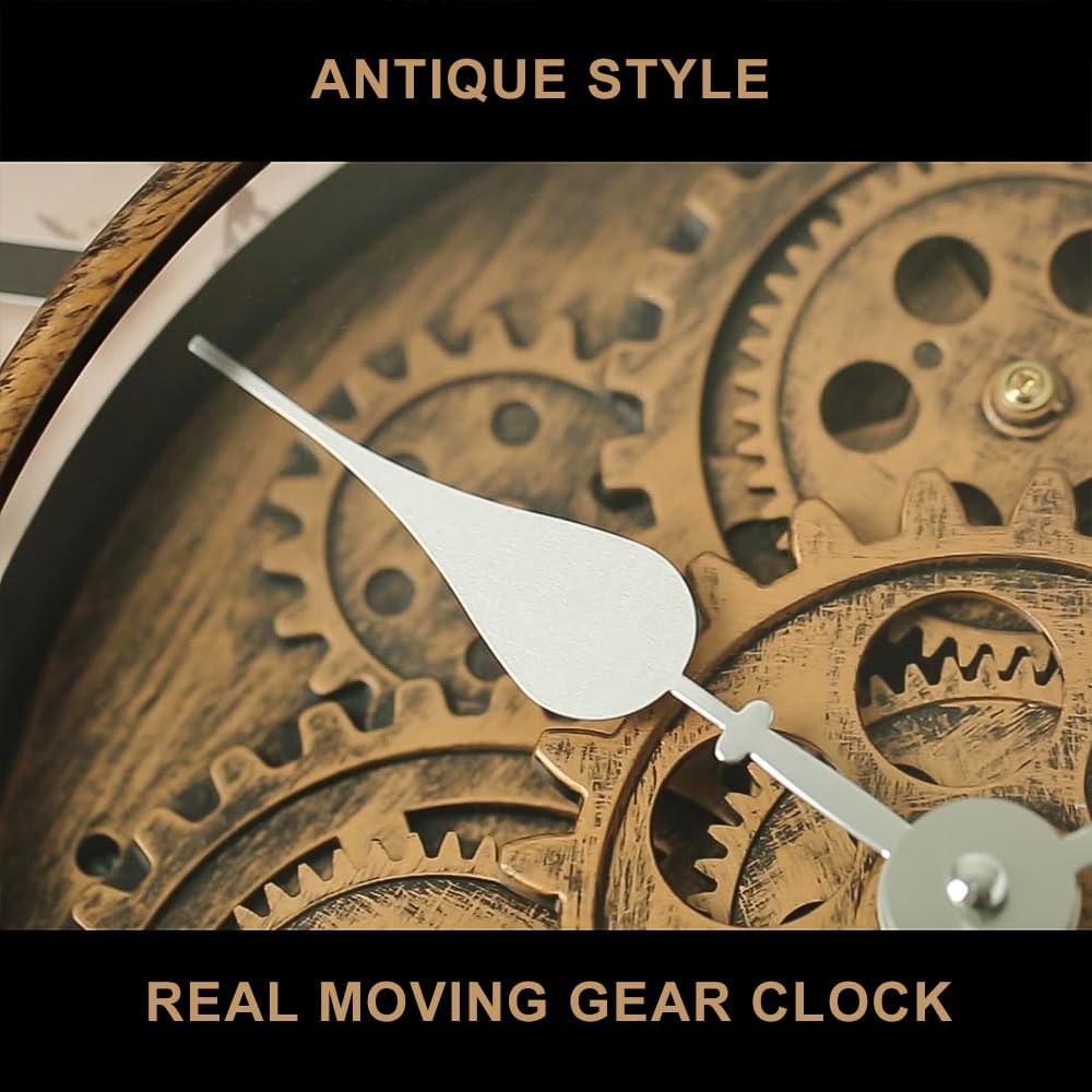 18 Inch Wall Clock with Moving Gears, Oversized Large Industrial Steampunk Decoration, Antique Metal Big Numeral Wall Clocks for Kitchen Study Room Living Room Decor (Antique Oil-Rubbed Bronze)