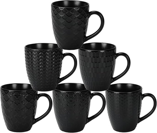 16 OZ Bone Coffee Mugs Set of 6 Matte Black, Large Ceramic Coffee Mugs Set with Different Texture Patterns, Porcelain Cups with Handle for Espresso Latte Tea Milk