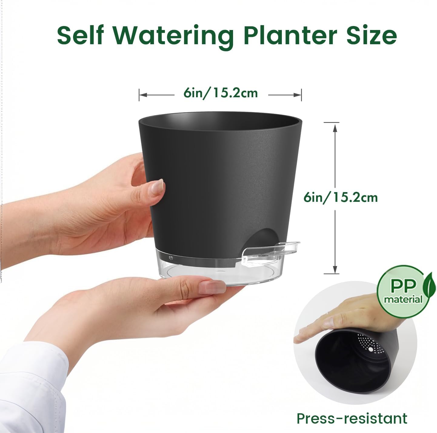 6 inch Self Watering Pots for Indoor Outdoor Plants, 3 Pack Flower Plant Pots with Drainage Holes and Clear Reservoirs, Visible Water Level, Plastic Planters with Wicking Rope, Black