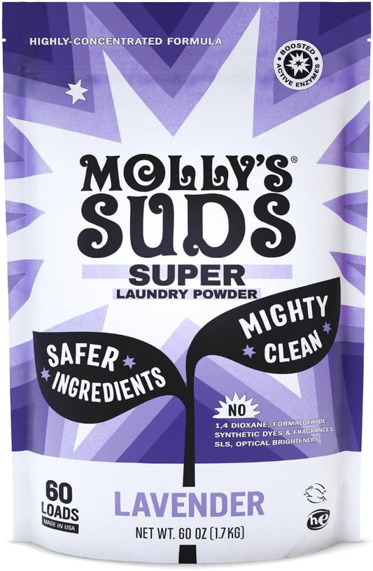 Molly's Suds Super Powder Detergent | Extra Strength Laundry Soap, Stain Fighting | Sensitive Skin | Simple, Effective Ingredients | 60 Loads - Lavender