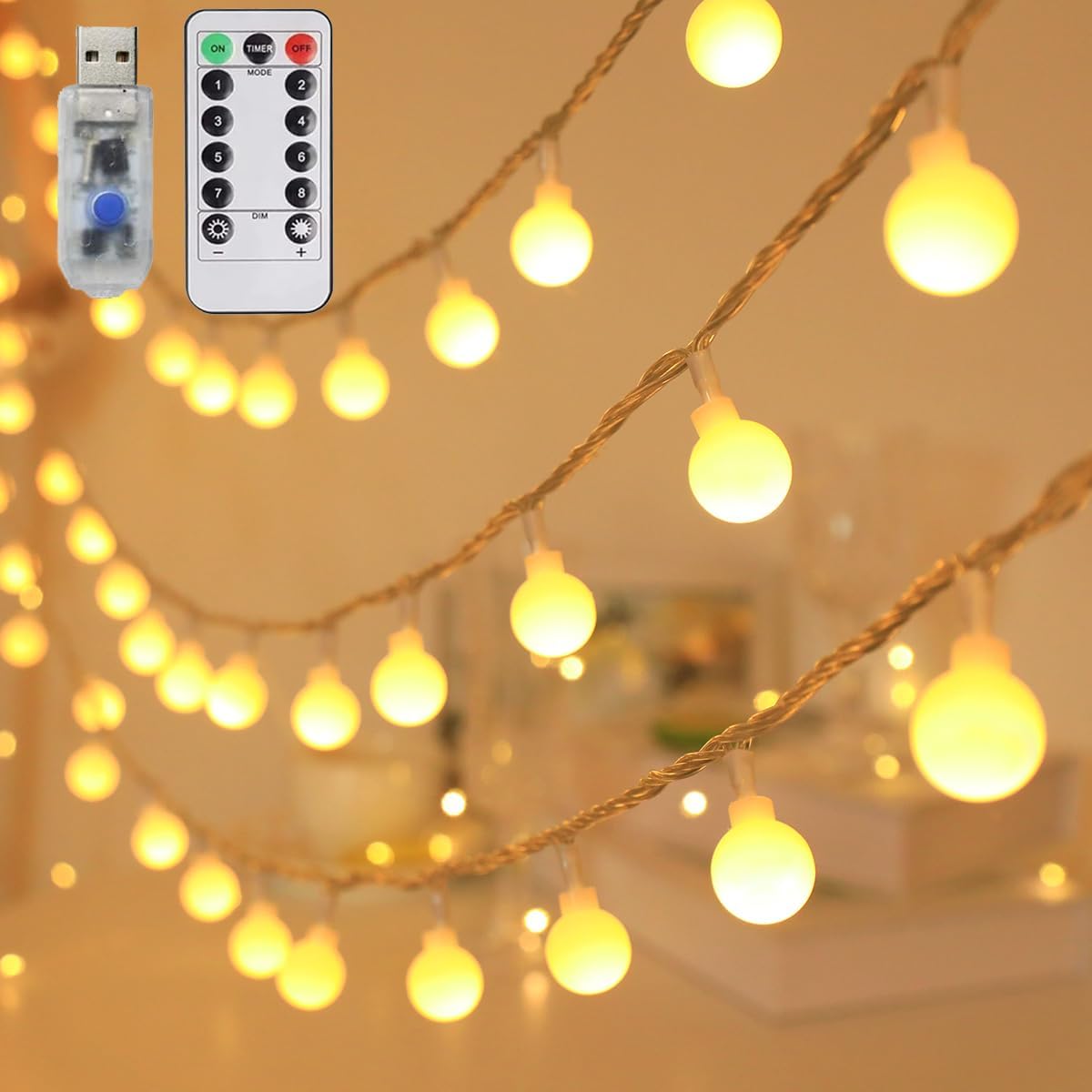 Globe String Lights 65.6 Ft. 120LEDs 8 Modes with Remote,USB Fairy Lights Plug in,Waterproof LED String Lights for Indoor Outdoor Bedroom Party Wedding Garden Christmas Tree Decor,Warm White