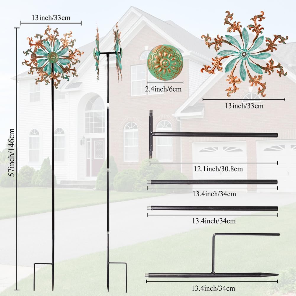 Viveta Wind Spinners Outdoor, Metal Wind Sculptures for Yard and Garden,13 * 57 "Double Windmill with Stable Stake