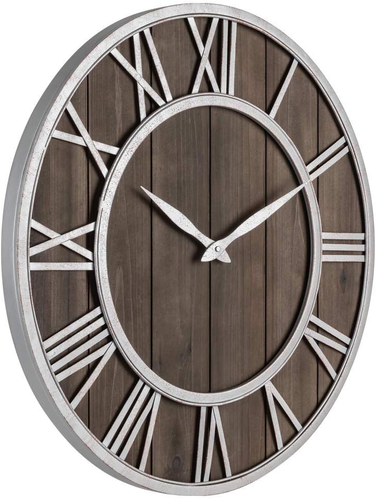 Oldtown Farmhouse Metal & Solid Wood Noiseless Wall Clock (Dark Brown, 36-inch)