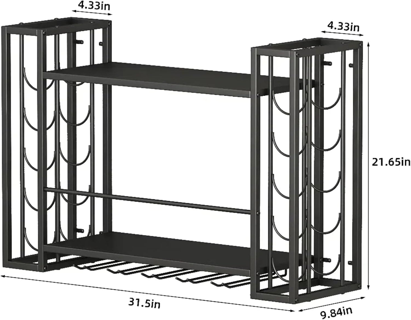 Wall Mounted Wine Rack, Wine Rack Wall Mounted with Wine Glass Rack, 2-Tier Multi-Functional Shelf for Home Restaurant Bar Storage Rack,Black