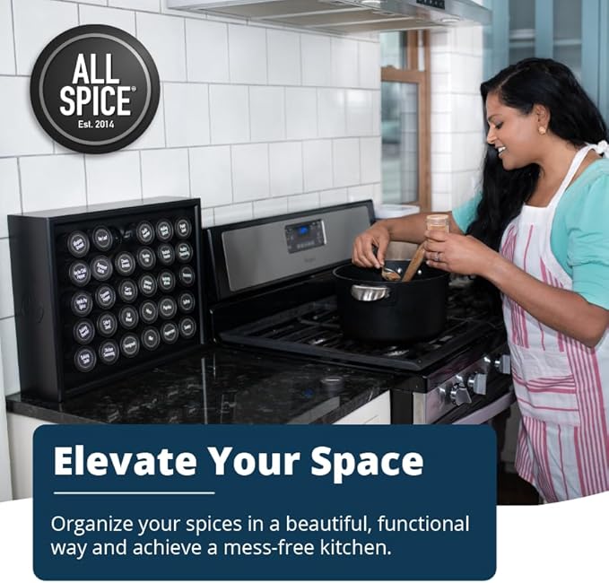AllSpice Spice Rack Organizer, Wood, 525 Unique Labels, Countertop or Wall Mount, Includes 30 4oz Jars- Matte Black