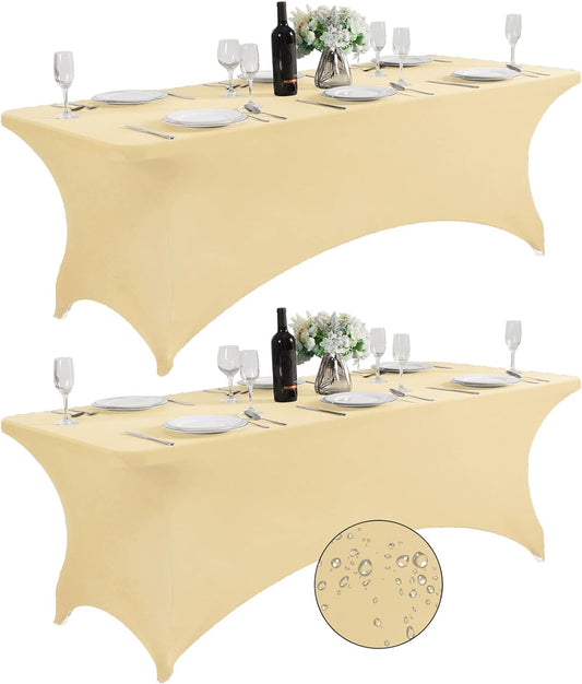 SuperO 2Pack Waterproof Spandex Table Cover for 8FT Table Universal Fitted Stretch Tablecloth for Party, Banquet, Wedding and Events-Champagne