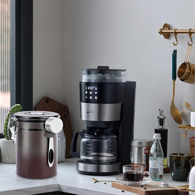 Coffee Canister Airtight Storage Container Stainless Steel Coffee Jar with Scoop,Date Tracker CO2 Release Valve for Dry Food Beans Ground Tea Flour Cereal and Sugar (1.8L Grey-Brown With Spoon(2pcs))