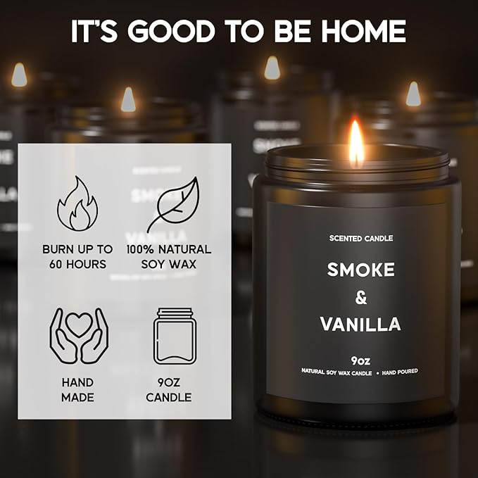 Smoke ＆ Vanilla Candle, 9oz Scented Candle for Men, Scented Candles for Home, Gifts for Men, Personalized Blessing Minimalist Men's Gifts