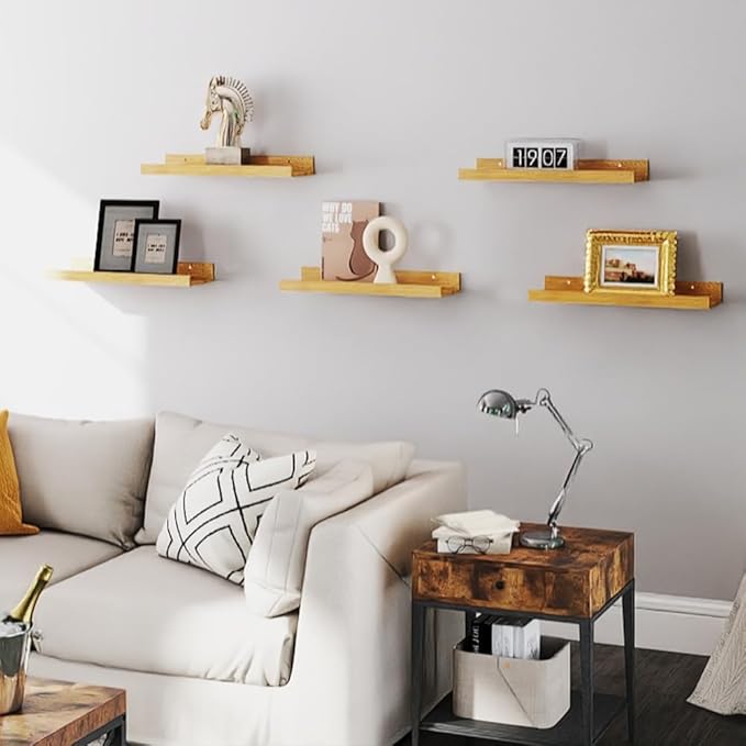 RICHER HOUSE 5 Set Floating Shelves for Wall Decor, Wall Mounted Book Shelf, Nursery Shelves Picture Ledge Shelf with Lip for Wall Storage, Bedroom, Living Room, Bathroom - Oak