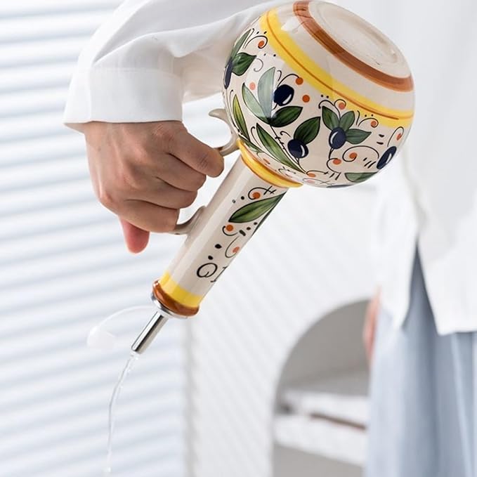 Italian Ceramic Olive Oil Dispenser Bottle 23oz, Hand Painted Olive Oil Bottles, Decorative Stoneware Olive Oil Cruet for Kitchen with Stainless Steel Spout for Oils, Sauces, Vinegar