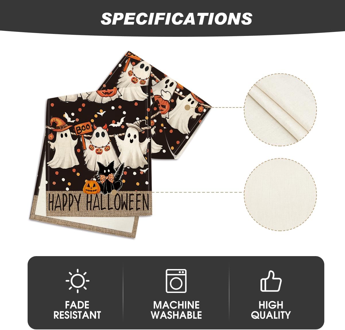 Artoid Mode Ghost Jack-O'-Lantern Black Cat Halloween Table Runner,Holiday Kitchen Dining Table Decoration for Home Party Decor 13 x 60 Inch