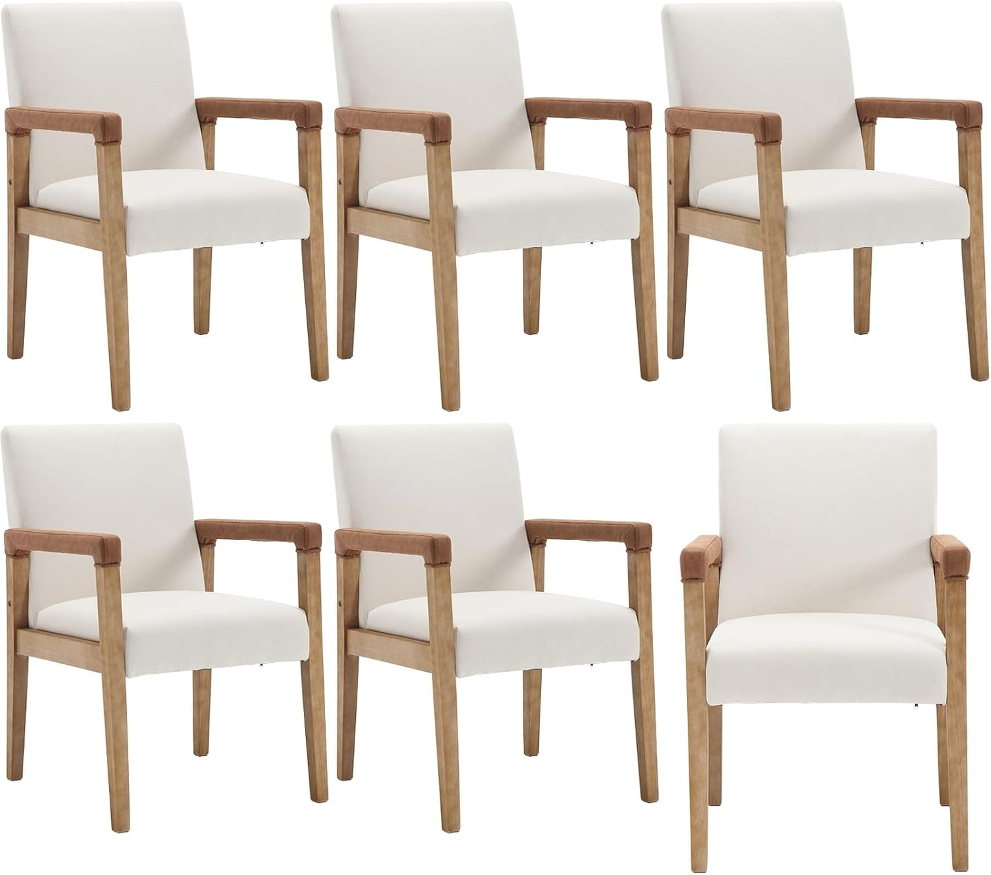 Kmax Modern Dining Chairs Set of 6 Linen Fabric Kitchen Arm Chairs Upholstered Accent Chairs with Wooden Legs for Dining Room, Living Room, Bedroom, White