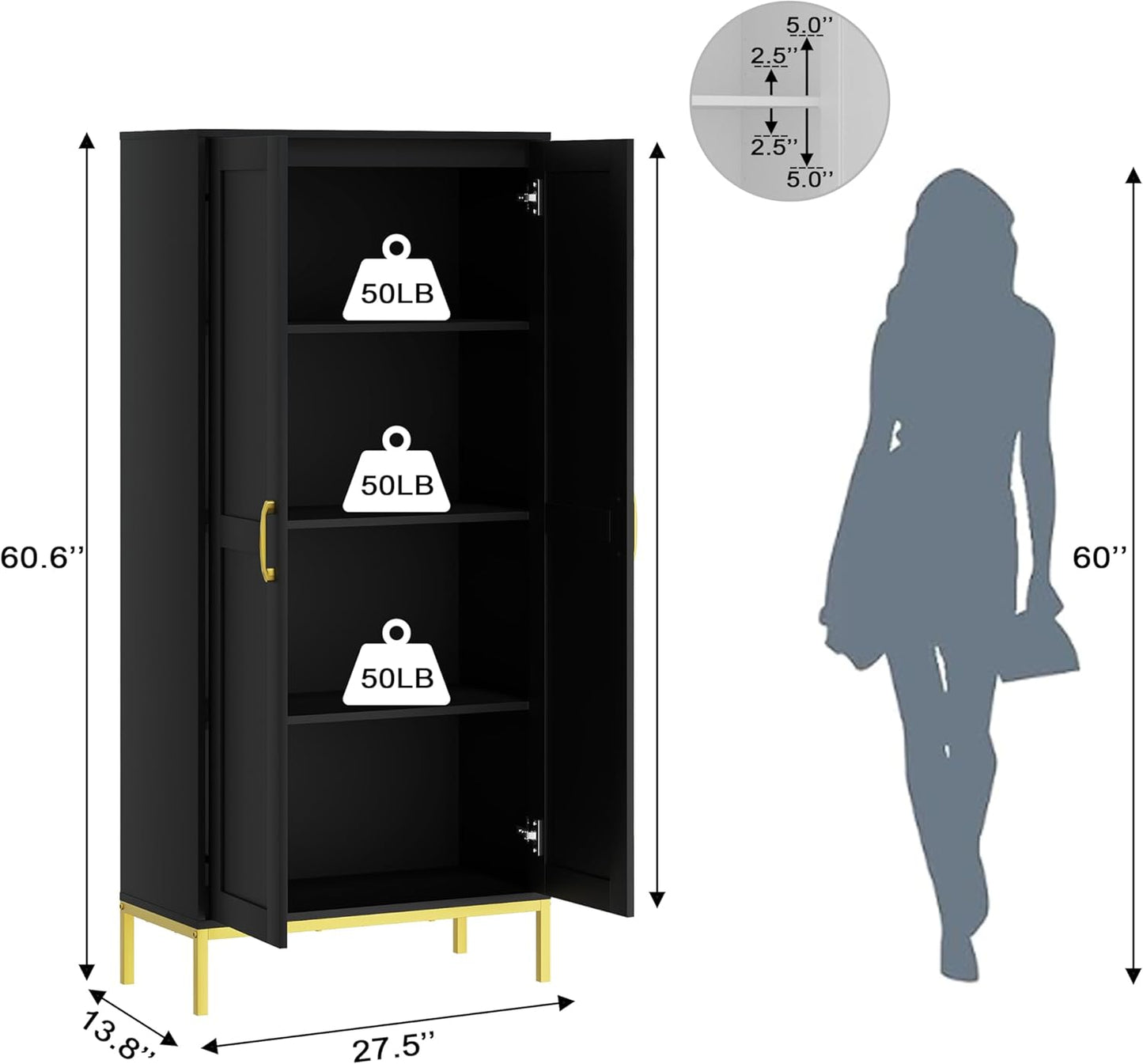 Tall Storage Cabinet, Kitchen Pantry Cabinet with 2 Doors & Adjustable Shelves for Laundry Room, Living Room, Entryway,Bathroom,Black