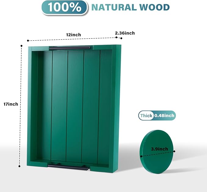 Ottoman Coffee Table Decorative & Serving Tray, 17x13 Inch Wood Tray with 4 Wooden Coasters - Perfect for Ottoman & Breakfast