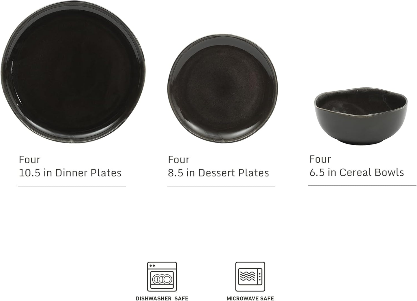 Gibson Elite Nardini 12 Piece (Service for 4) Plates and Bowls Reactive Glaze Dishes Stoneware Ceramic Dinnerware Set - Black