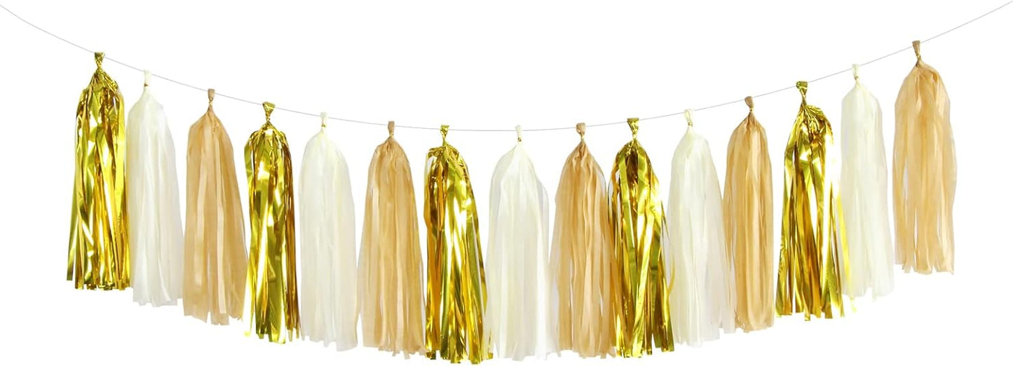 White Gold Champagne Party-Decorations Tassel-Garland -15pcs Christmas Wedding Engagement Tassels Banner Streamers Bachelorette Neutral Birthday Baby Bridal Shower Decor Panduola