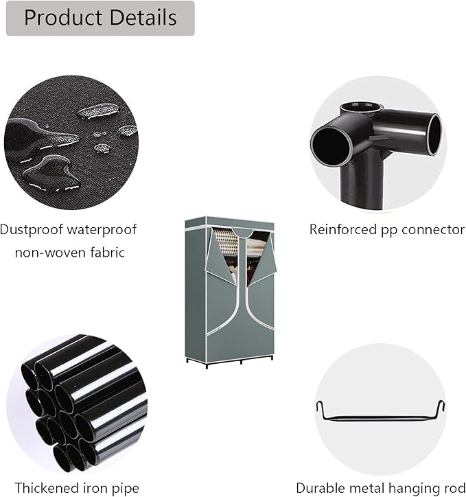 SORCEDAS Portable Wardrobe Closet Storage Organizer Metal Hanging Rack Non-Woven Fabric 34 Inch Grey