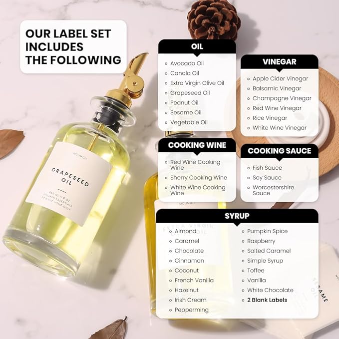 Molimoli Olive Oil Dispenser Bottle for Kitchen, Coffee Syrup Dispenser w. Weighted Pourer, Glass Bottle Dispenser for Kitchen with Ceramic Tray | Gold, 350ml, Set of 2