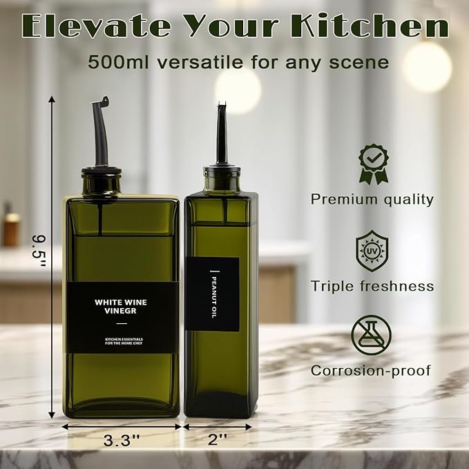 Olive Oil Dispenser Bottle for Kitchen - UV-Protected Oil Bottles 16.9oz, Oil and Vinegar Dispenser Set, Drip-Free Pourer, Elegant Kitchen Essential- 16.9oz, Set of 4