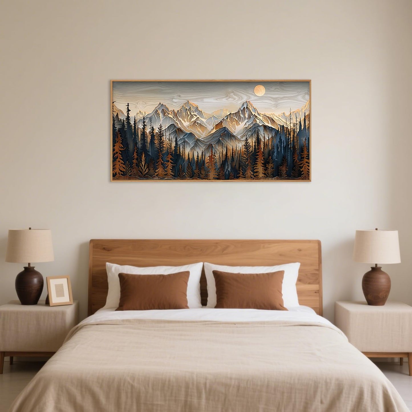 Celestdeco Wood Mountain Framed Canvas Wall Art Set, Pine Trees Wall Painting, Ridge Scenery Wall Decor, Natural Sun Landscape Art Print for Living Room, Bedroom, Dining Room, Office - 20"x40"x1