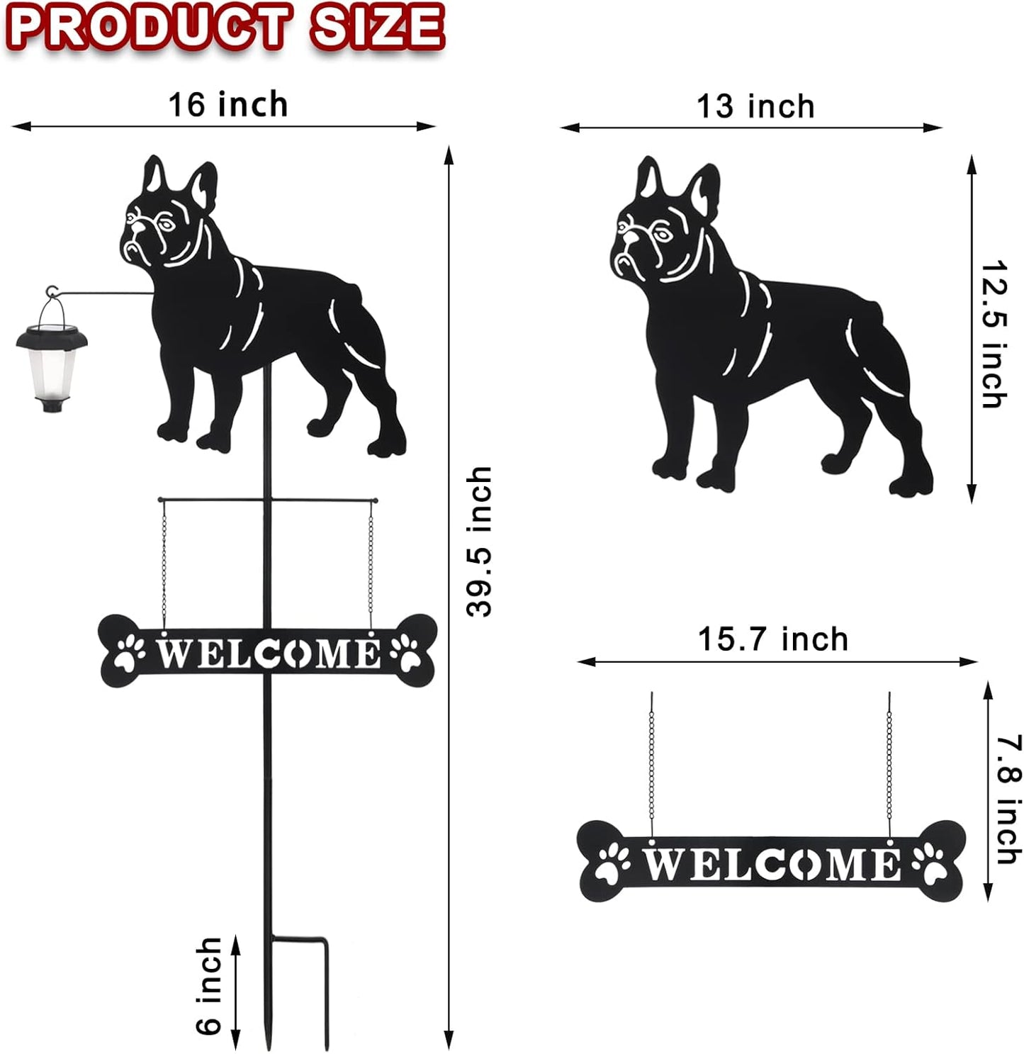 BAYN Solar French Bulldog Silhouette Dog Breed Welcome Sign with a Lantern Outdoor Decorative Garden Stakes for Yard, Lawn, Patio, Pathway