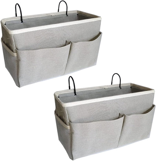 2-Pack Bedside Caddy, Bedside Hanging Storage Organizer for College Dorm Beds, Bunk Beds and Hospital Beds Rails, The Hanging Basket Can be Placed Magazine, Books, Phones,kettle, Glasses (Grey)