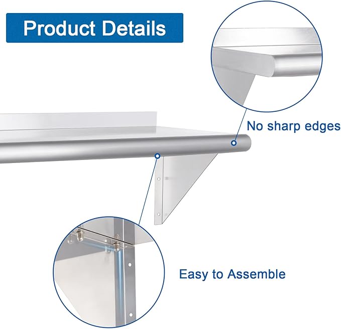 HARDURA Stainless Steel Shelf 14" x 60", 350lb Commercial Shelves Wall Mount Metal Shelving with Backsplash and Brackets for Kitchen, Restaurant, Laundry Room and Home