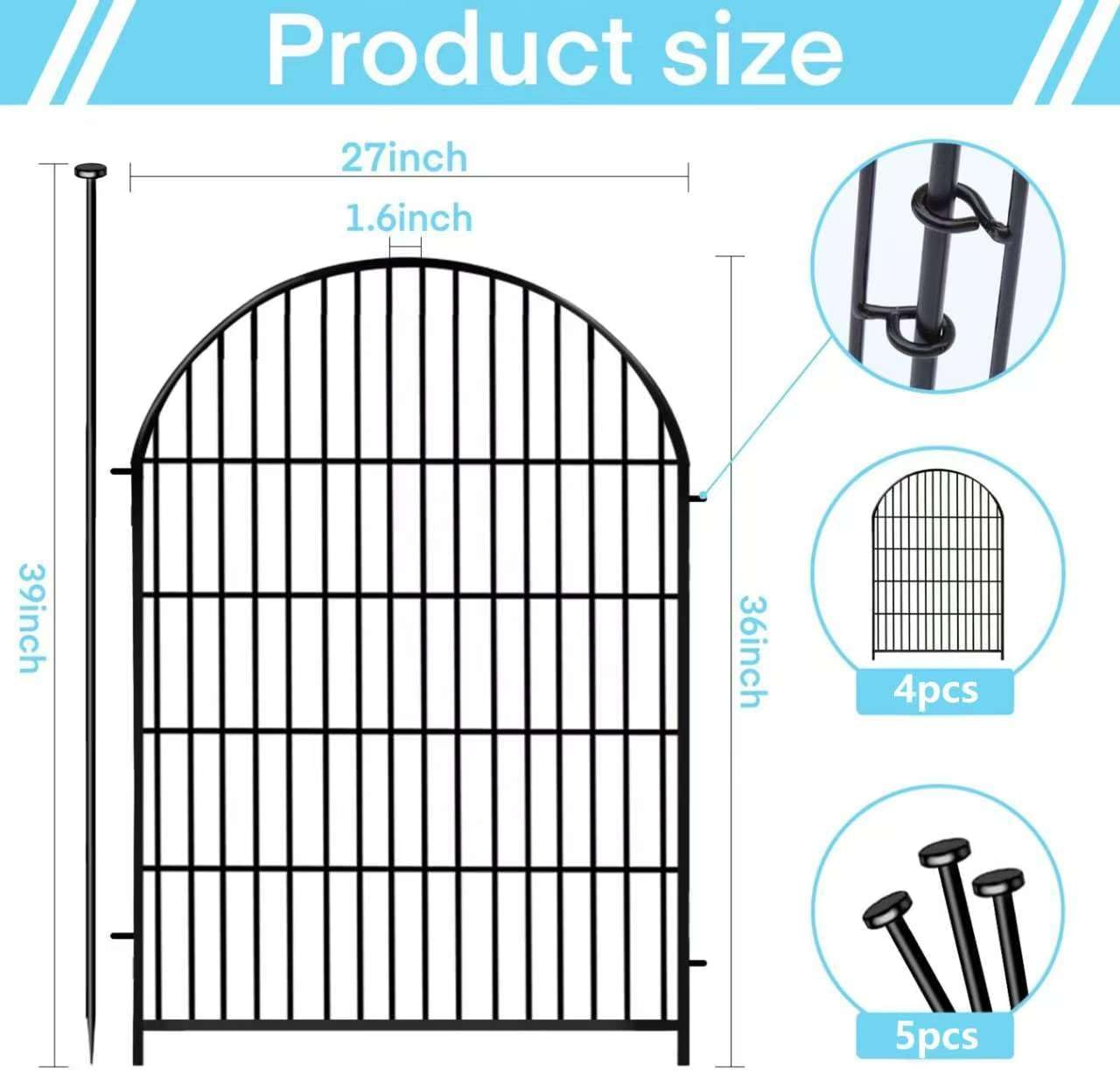 Garden Fence Border 36 in(H) x8.8 Ft(L), 4 Panels Dog Fence Outdoor for Yard, Tall Garden Animal Barrier Fence with Gate, Arched Rustproof Metal No Dig Fence, Flower Bed Fencing