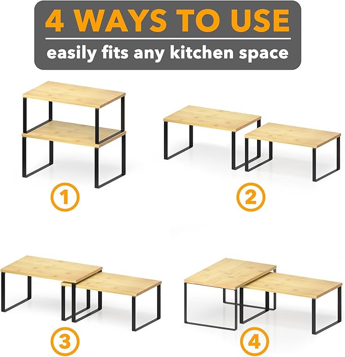 SpaceAid Cabinet Shelf Organizers 2 Pack, Kitchen Counter Rack Shelves Riser, Stackable Expandable Spice Rack, Pantry Cupboard Storage Organization (Black and Natural, Short)