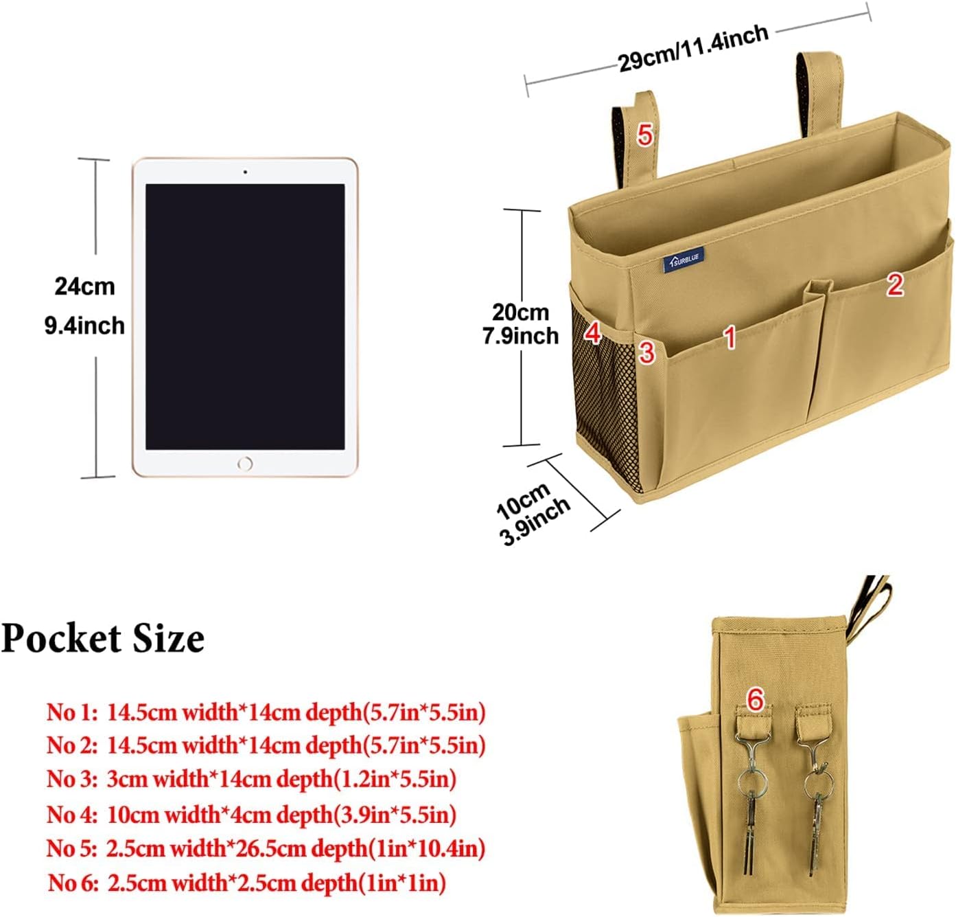 Surblue Bedside Caddy Hanging Organizer Bedside Storage Bag for Bunk and Hospital Beds (Small, Khaki)