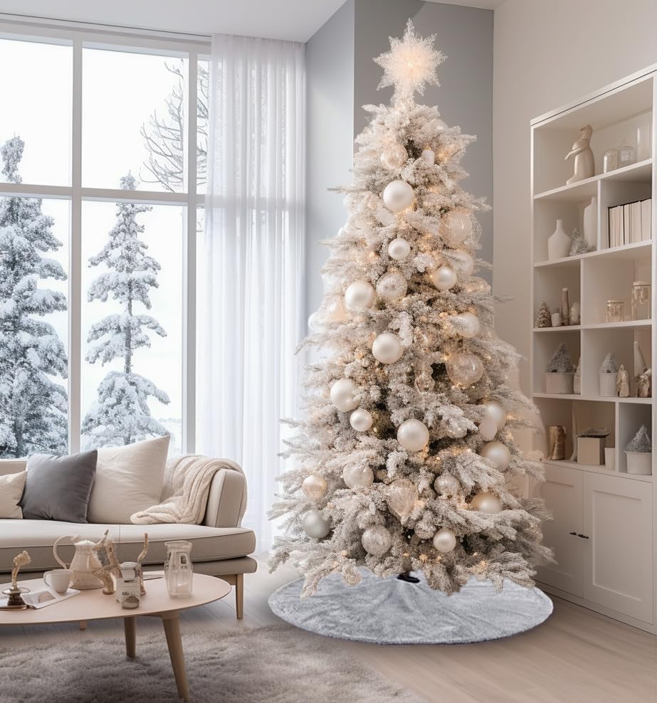 AOGU 48 Inch Faux Fur Christmas Tree Skirt Grey Shiny Plush Skirt for Merry Christmas Party Christmas Tree Decoration