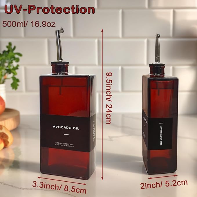 Olive Oil Dispenser Bottle for Kitchen, UV-Protected Dark Glass 16.9oz, Oil and Vinegar Dispenser Set, Soy Sauce Dispenser, Coffee Syrup Bottles- 16.9oz, Set of 2