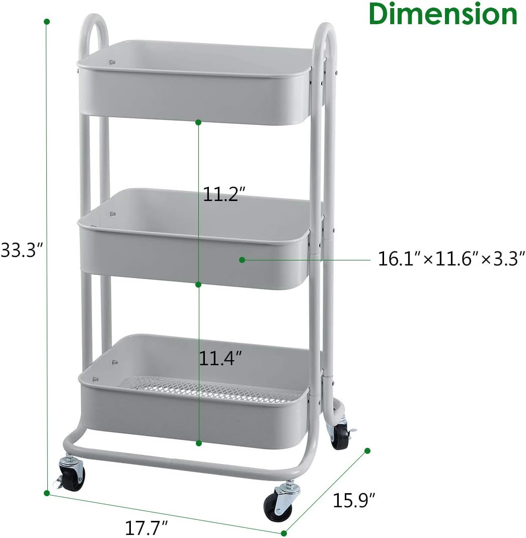 Melody House 3-Tier Metal Mesh Utility Rolling Cart Storage Organization Cart with Wheels, Light Gray
