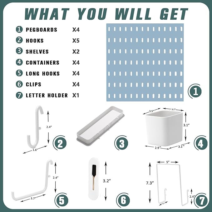 Pegboard Combination Kit, 25.2" x 25.2" Wall Mounted Storage Set with 4 Pegboards & 20 Accessories Hanging, Peg Boards Organizer