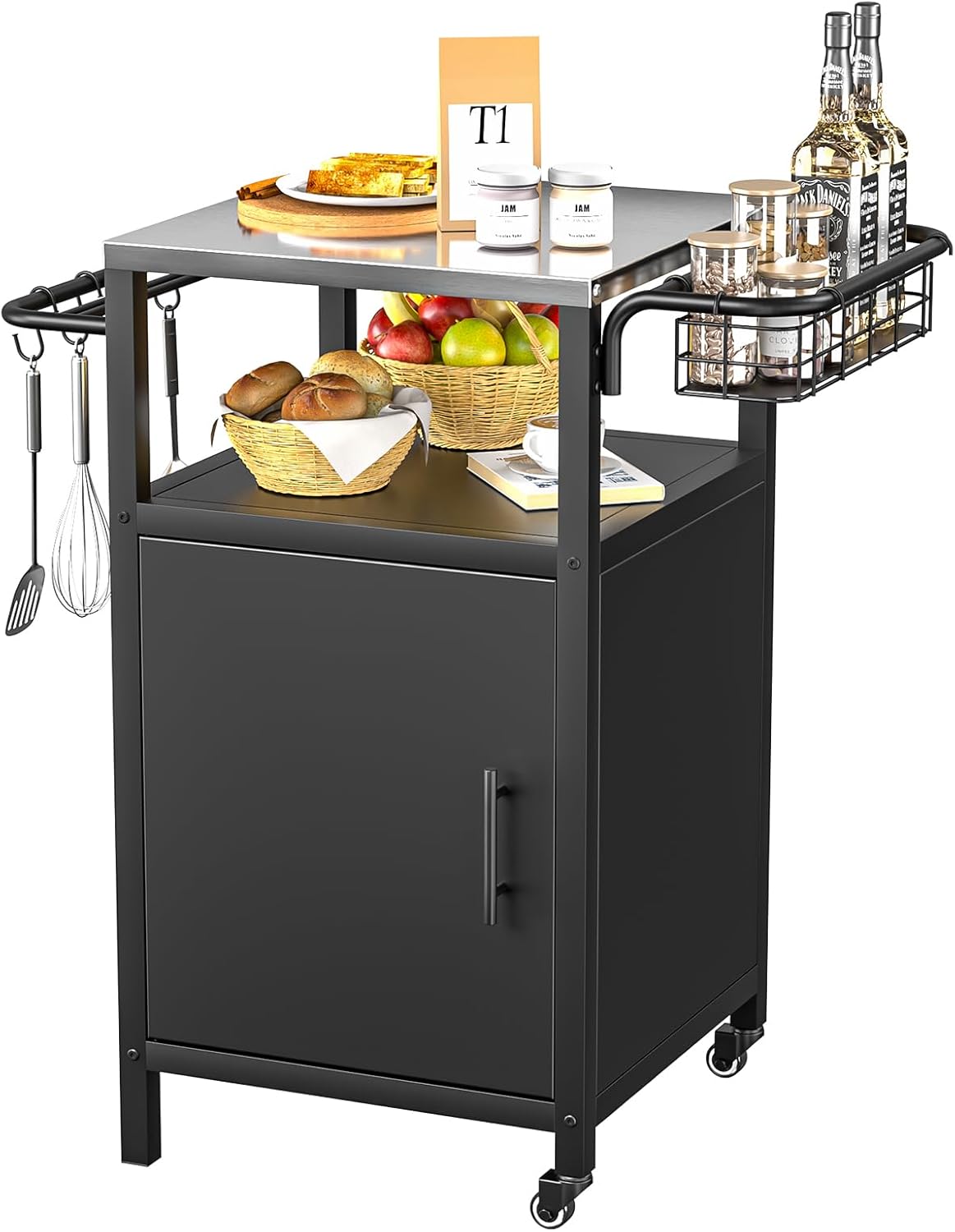Outdoor Grill Cart with Storage Cabinet, Prep Table with Stainless Steel, BBQ Tables Cart Portable Patio Bar with Lockable Wheels, Movable Kitchen Island for Outside Backyard Patio