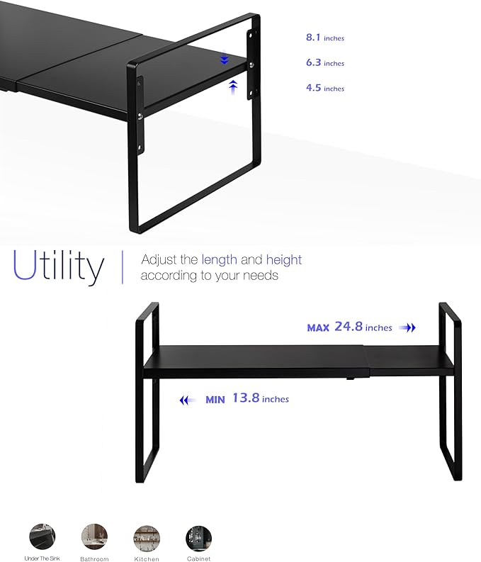Nxconsu Cabinet Shelf Expandable Height Adjustable Shelf Organizer Riser for Kitchen Cabinet Pantry Cupboard Under Sink Countertop Organization Storage Space Saver Stackable Heavy Duty Metal Black XXL