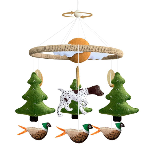 Baby Mobile for Crib Hunting Baby Crib Mobile for Boys Girls Handmade Felt Woodland Nursery Decor Infant Bedroom Hanging Pheasant Dog Hunting Decor for Bassinet Gender Reveal Newborn Gifts