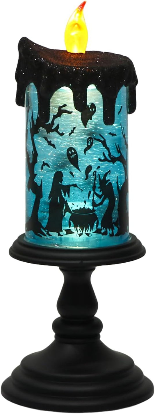 Eldnacele Halloween Snow Globe Flameless Candle with Timer, Battery Operated Spooky Spinning Water Glittering Tornado Lamp LED Candlestick Table Fireplace Witch Decal Halloween Holiday Decoration