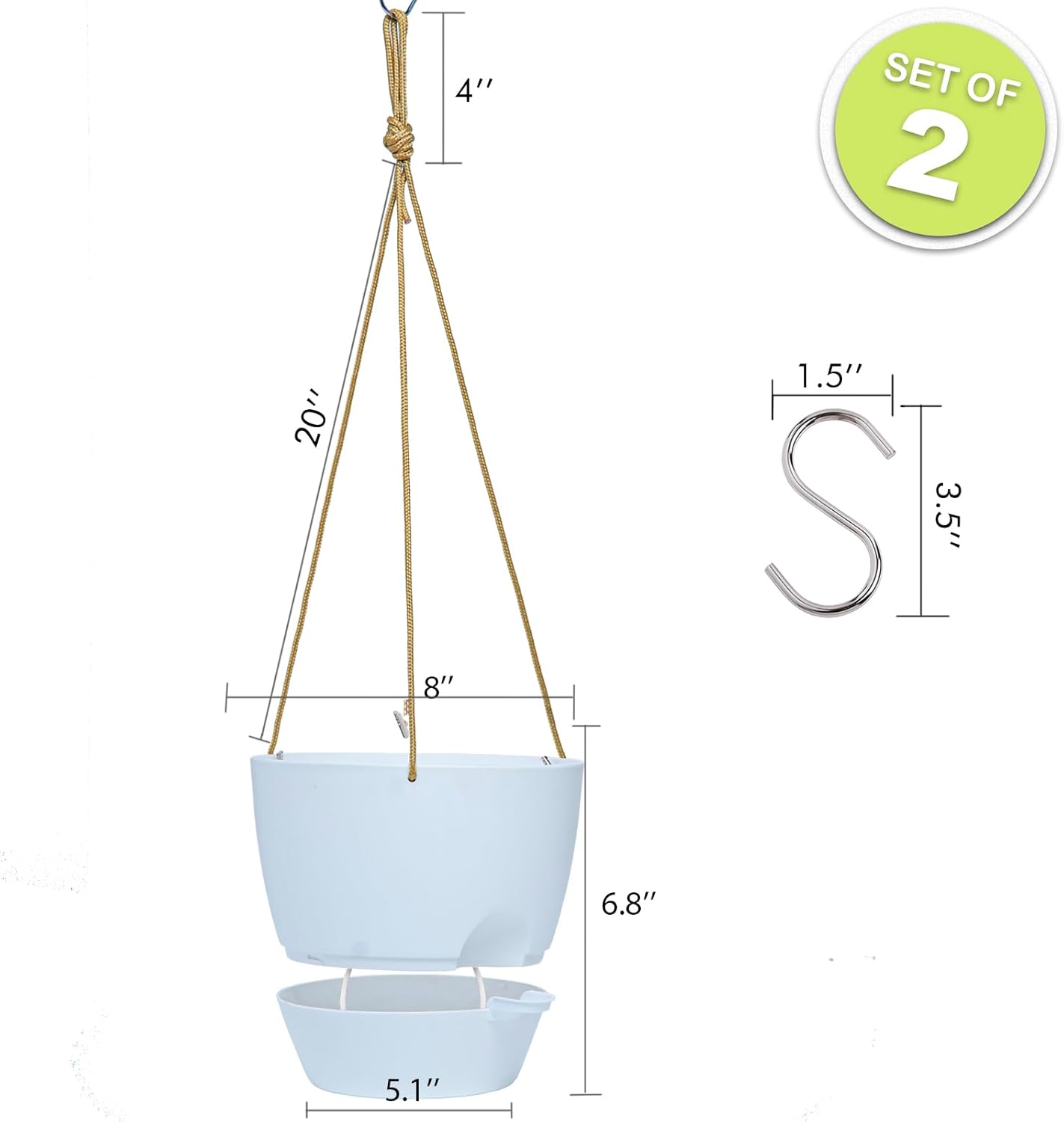 8 inch Hanging Planters, 2 Pack Self Watering Hanging Pots with 20oZ Deep Reservoir for Indoor Outdoor Plants Flowers, White