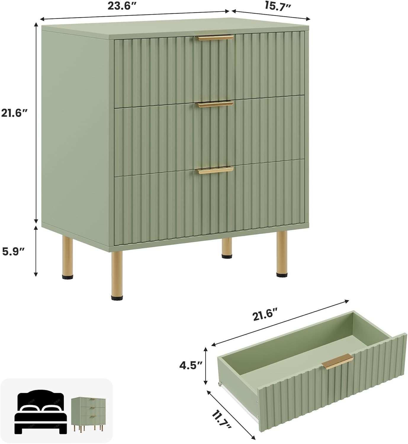 Green 3 Drawer Dresser for Bedroom, Fluted Modern Nightstand with Deep Drawers, Chest of Drawers with Wide Top, Wooden Dresser Organizer, Side Table for Living Room, Hallway, Kids Room