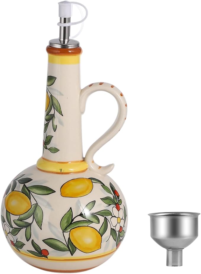 Ceramic Olive Oil Dispenser Bottle 23oz with Handles, Hand Painted Multi-Use Oil Cruet & Flower Vase, Decorative Stoneware Kitchen Cruet with Stainless Steel Spout for Oils, Sauces, Vinegar (C)