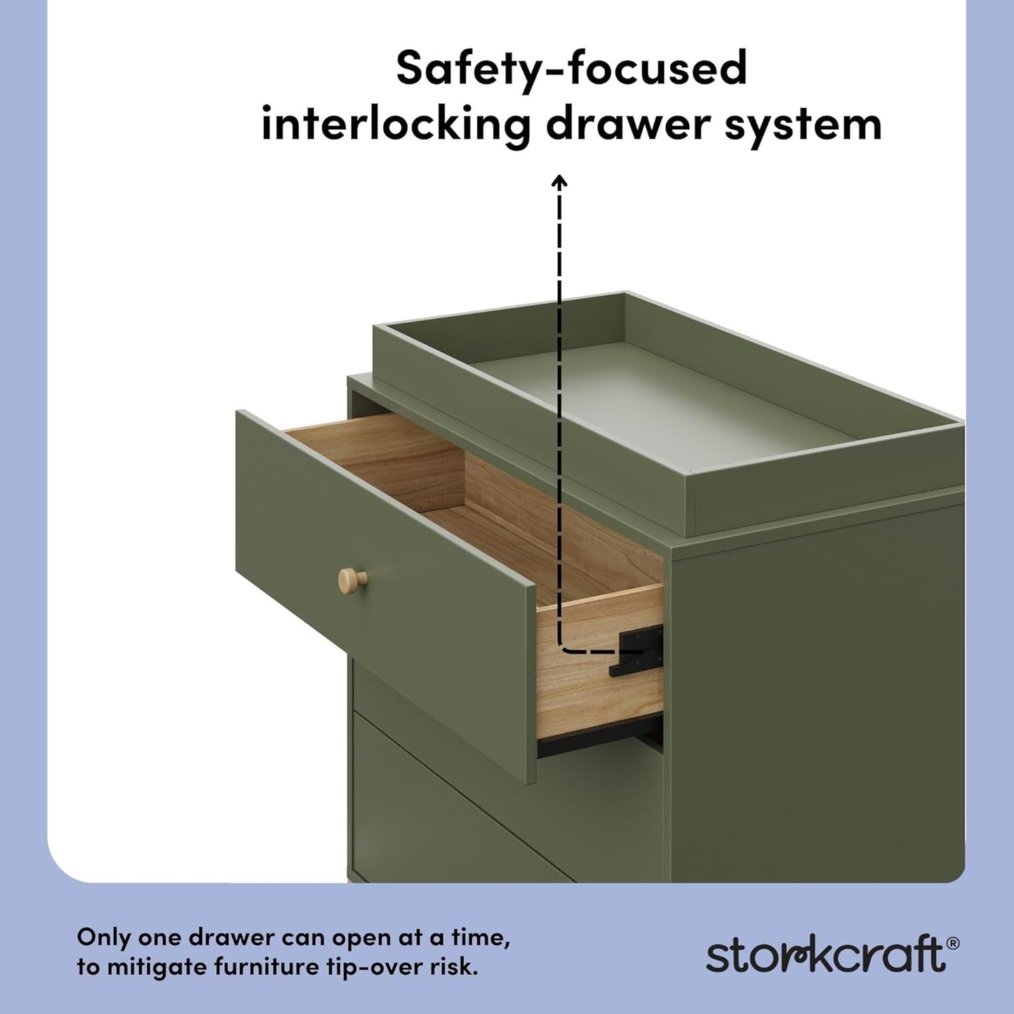 Storkcraft California 3-Drawer Chest with Removable Changing Topper (Olive with Driftwood) – GREENGUARD Gold Certified, Interlocking Drawer System, Pre-Installed Tracks, Easy Assembly