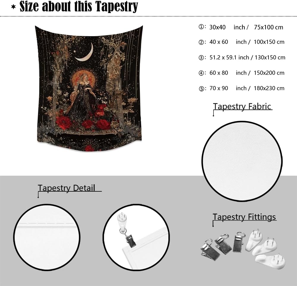 Dark Academia Moon Goddess Tapestry Gothic Fantasy Rose Wall Art Mystical Witchy Woman Print Victorian Artwork Aesthetic Tapestries Wall Hanging for Girls Room Bedroom Decor 60x80inch