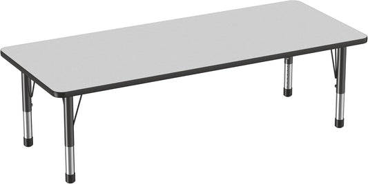 FDP Rectangle Activity School and Classroom Kids Table (30 x 72 inch), Chunky Toddler Leg, Adjustable Height 15-24 inches - Gray Top and Black Edge