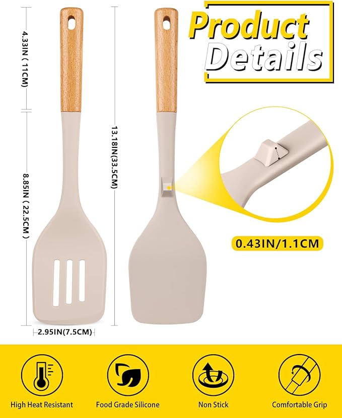 Pack of 2 Large Silicone Spatula, Heat Resistant Solid Turner, Non Stick Slotted Spatulas with Wooden Handle, Ideal Kitchen Utensils for Flipping, Pancakes, Eggs, Fish(KHAKI)