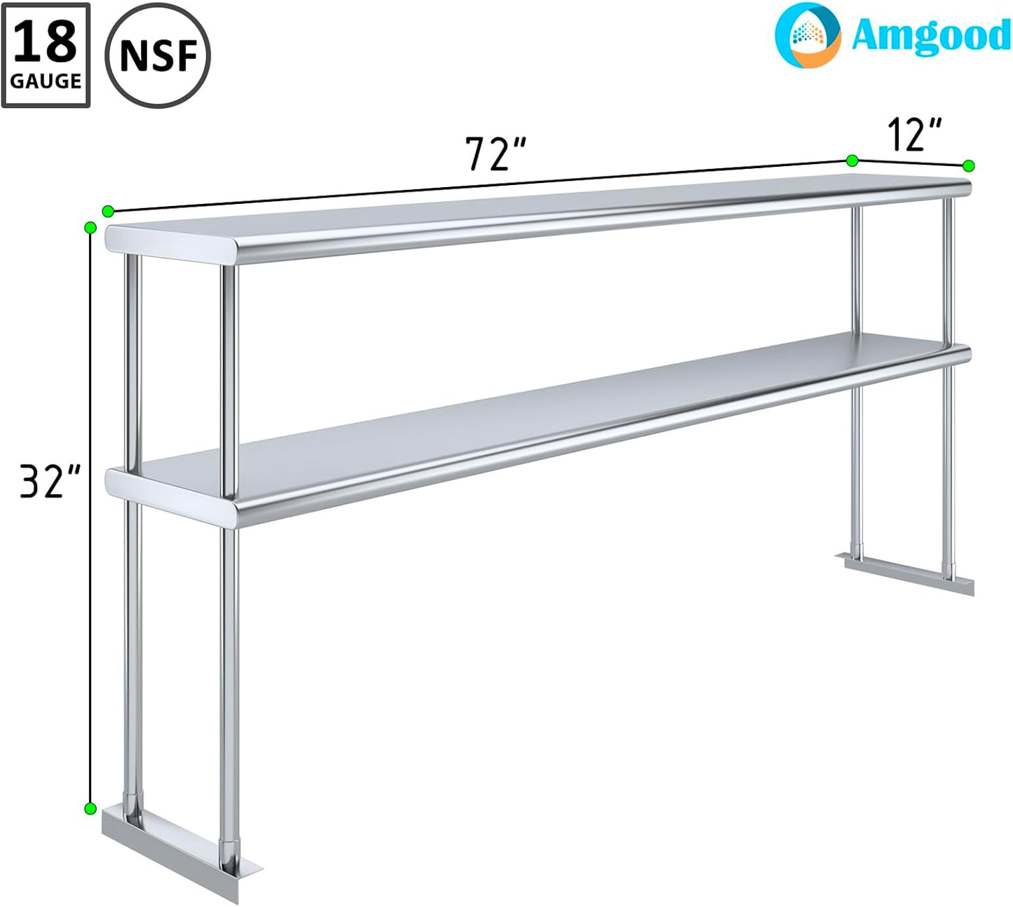 AmGood Double OverShelf Stainless Steel NSF - Many (72" Long x 12" Deep)