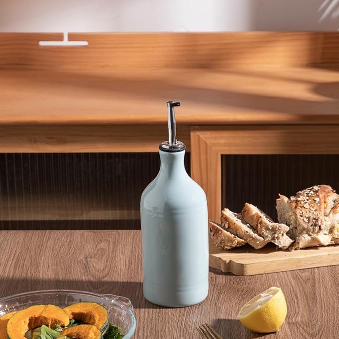 Sweejar Ceramic Olive Oil Dispenser Bottle, Opaque Oil Cruet Protects Oil to Reduce Oxidation, Suitable for Storage Oil, Vinegar, Coffee Syrups & Other Liquids, Pack of 1, 15.5 Fl Oz (Light Blue)
