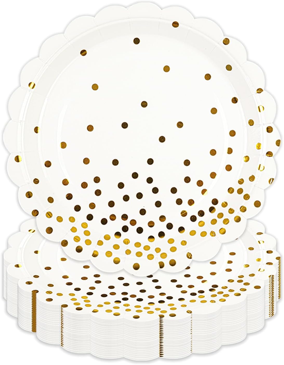 50PCS White and Gold Paper Plates, 7 Inch White Scalloped Party Plates Disposable Dessert Plate Cake Plate for Wedding Engagement Baby Shower Birthday Dinner